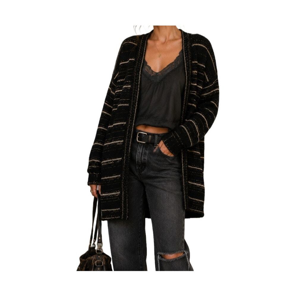 ModCloth Black Metallic Striped Cardigan Fuzzy Open Front Sweater S Soft Grunge